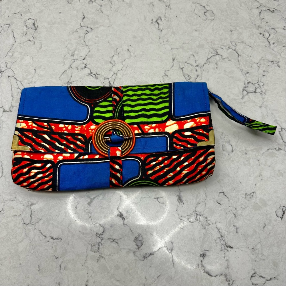 Handmade Fabric African Print Clutch Purse Bag Round Clasp Bead Zipper Wristlet
